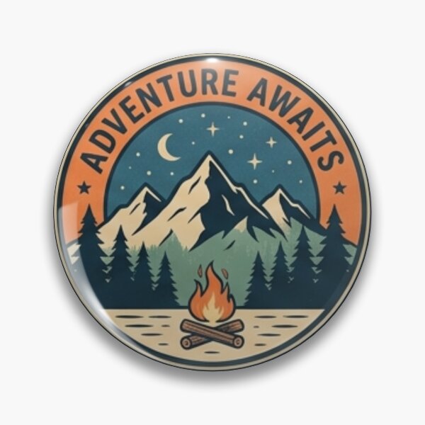 Item preview, Adventure Awaits Vintage Mountain Campfire Retro Travel Badge designed and sold by Rehnair.