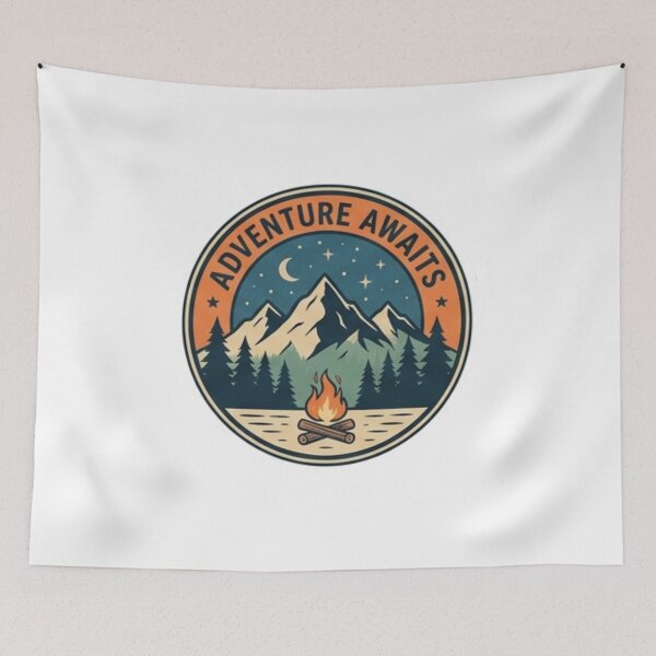Item preview, Adventure Awaits Vintage Mountain Campfire Retro Travel Badge designed and sold by Rehnair.