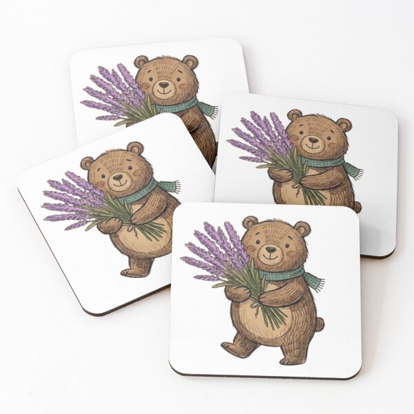 Item preview, Cute Teddy Bear Holding Purple Lavender Flower Bouquet Illustration designed and sold by TaiwanMemory.