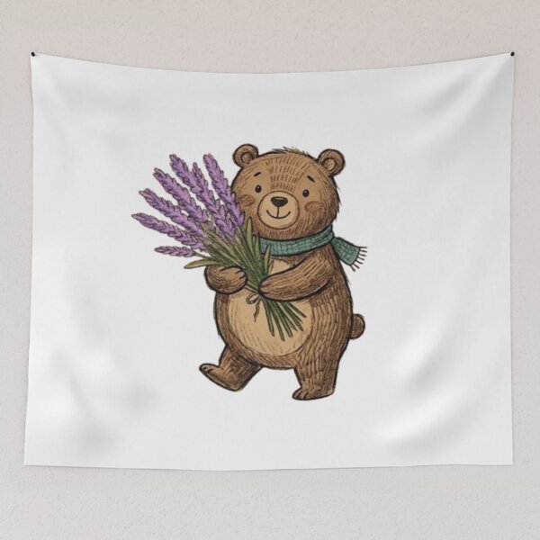 Item preview, Cute Teddy Bear Holding Purple Lavender Flower Bouquet Illustration designed and sold by TaiwanMemory.