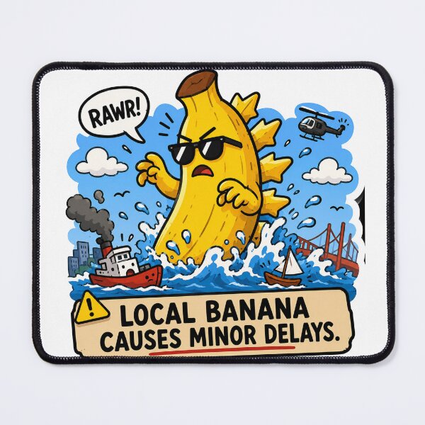 Item preview, Local Banana Causes Minor Delays Funny Kaiju News Meme Design designed and sold by MonkiFlipp.