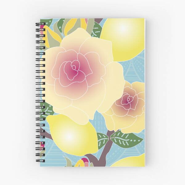 Artikelvorschau, Muster aus gelben und rosa Rosen und Zitronen entworfen und verkauft von KateKeoganDesign.