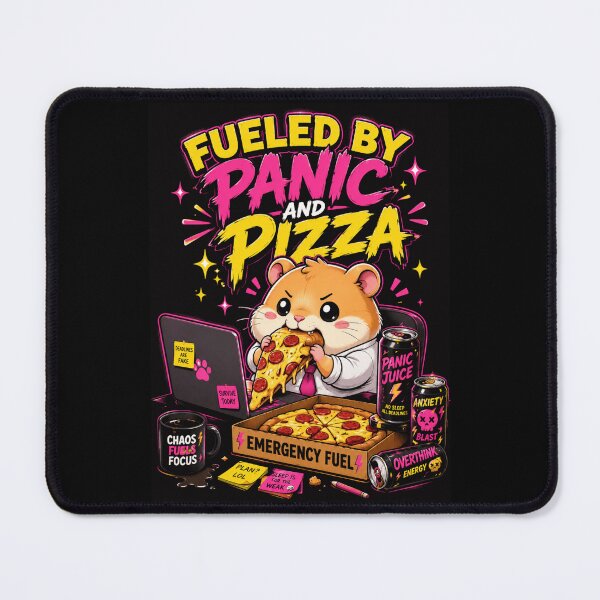 Item preview, Fueled by Panic and Pizza Shirt — Funny Hamster Work Stress Humor Chaos Pizza Lover Gift for Coworkers and Students designed and sold by MaynyStudio.