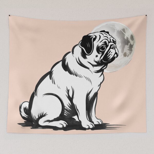 Item preview,  a pug dog sitting in quiet profile and the moon behind designed and sold by 123ks.