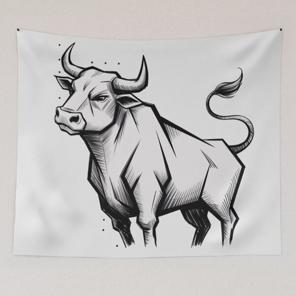 Item preview, A black and white pencil sketch of a stylized bull rendered in a minimalist, geometric style with clean lines and cross-hatching shading techniques designed and sold by 123ks.