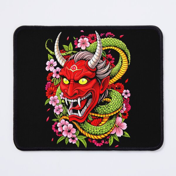 Item preview, Japanese Oni Mask Art with Snake and Sakura Flowers – Yokai Folklore Illustration designed and sold by VikArtStudio.