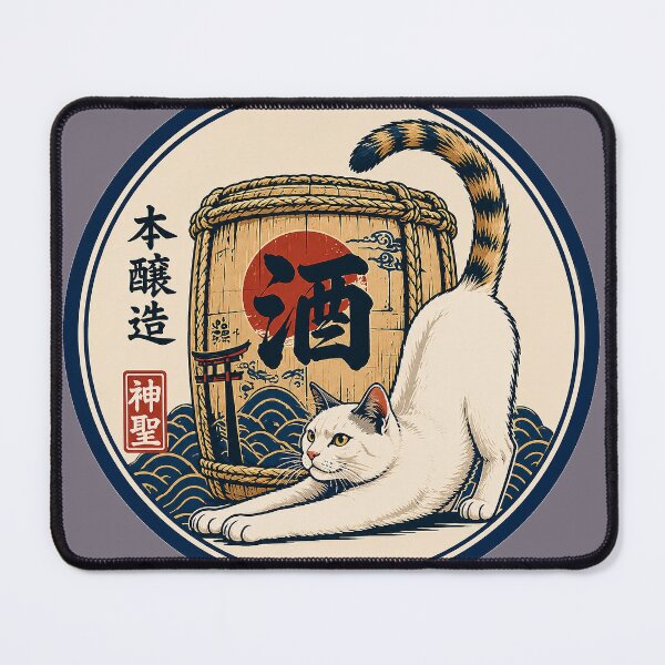 Item preview, Stretching Cat & Sake Barrel – Japanese Ukiyo-e Badge Art | Hon-Jozo Cat Print | TSUKIYO-NEKO designed and sold by Aguri-tei.