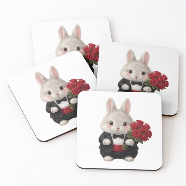 Item preview, Cute Fluffy Bunny in Tuxedo Holding Red Roses – Romantic Valentine Rabbit designed and sold by lovelistivkaa.