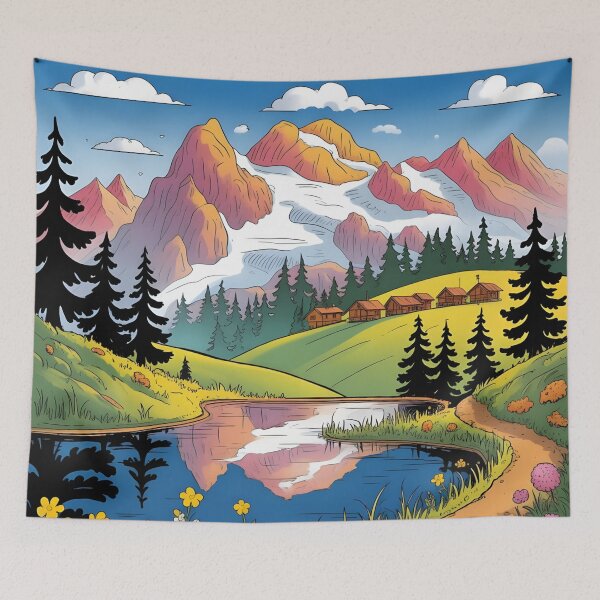 Item preview, Alpine landscape with lake and huts. designed and sold by MyHappyArtShop.