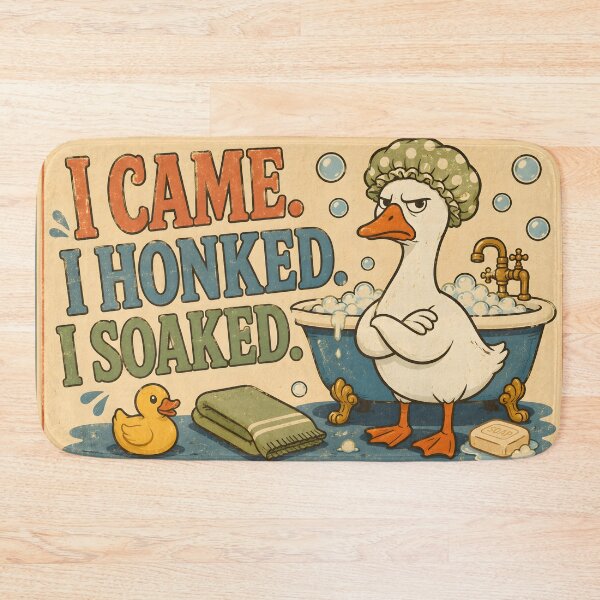 Item preview, Funny Goose Bath Mat | I Came I Honked I Soaked Retro Bathroom Decor designed and sold by SRY DESIGN.