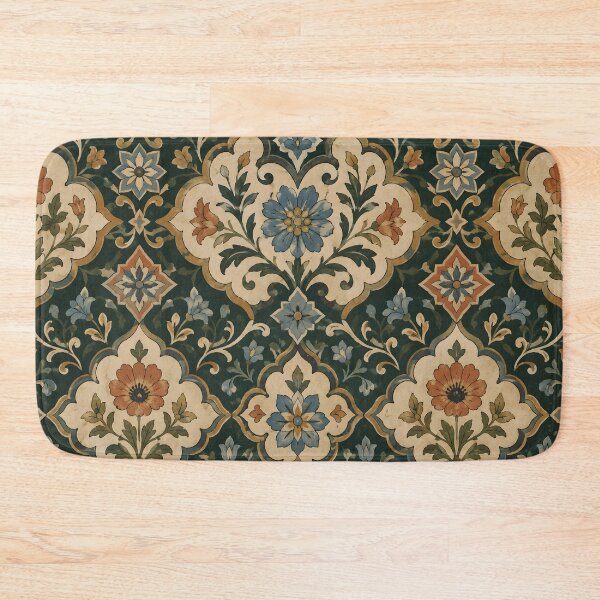 Item preview, Vintage Ornamental Floral Bath Mat | Dark Green Boho Tile Pattern designed and sold by SRY DESIGN.