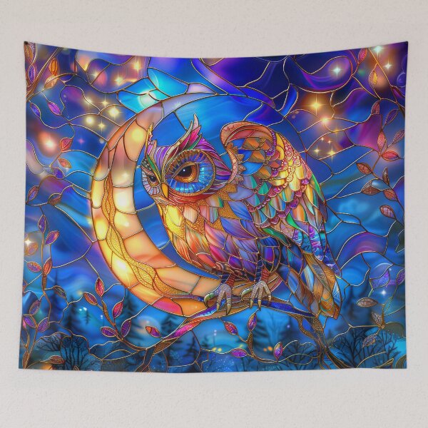 Item preview, Celestial Owl Moon and Stars Stained Glass Art designed and sold by MargaretWiktor.