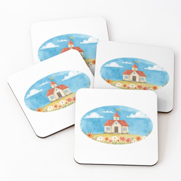 Item preview, Watercolor church and school landscape sticker with blue sky flower field cute 90s retro kitsch pop art illustration for Christian education background designed and sold by littleluckystuf.