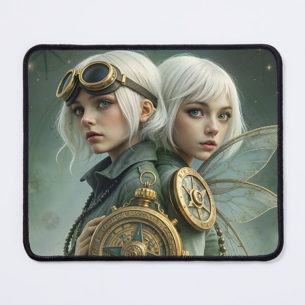 Item preview, Zodiac Sign II  - Gemini as Steampunk Fantasy Portrait Of Twin Fairies Holding A Golden Clock And Vintage Compass designed and sold by LisaMise.