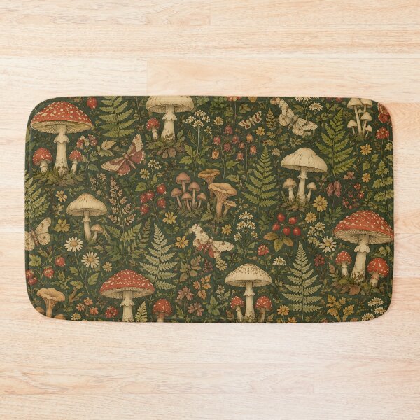Item preview, Vintage Woodland Mushroom Bath Mat | Cottagecore Botanical Forest Decor designed and sold by SRY DESIGN.