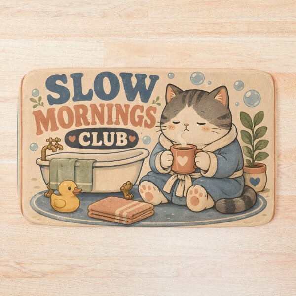 Item preview, Slow Mornings Club Cat Bath Mat | Cozy Retro Bathroom Decor designed and sold by SRY DESIGN.