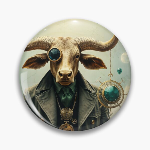 Item preview, Zodiac Sign - Taurus as Steampunk Fantasy Portrait of a Bull Gentleman With Mechanical Pocket Watch and Emerald Eye in Surreal Landscape designed and sold by LisaMise.