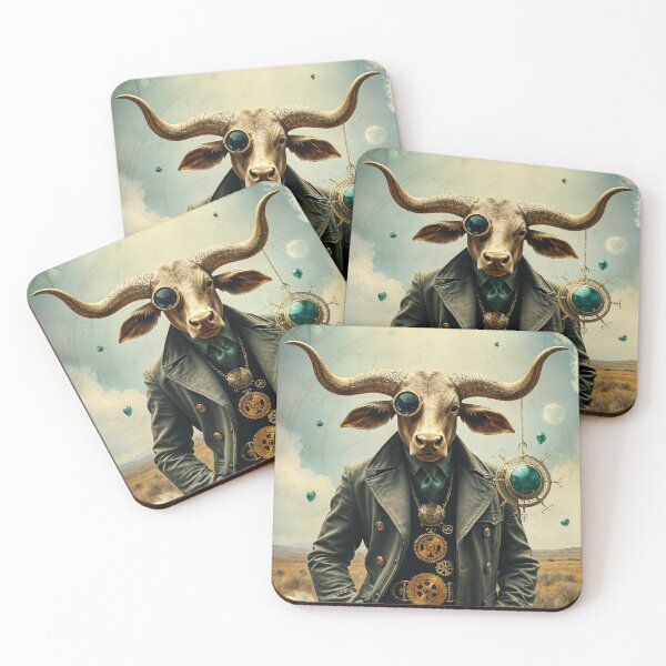 Item preview, Zodiac Sign - Taurus as Steampunk Fantasy Portrait of a Bull Gentleman With Mechanical Pocket Watch and Emerald Eye in Surreal Landscape designed and sold by LisaMise.