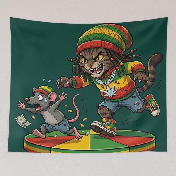 Item preview, Rasta Cat Chasing Rat - Reggae Cartoon Art designed and sold by digitalbob60.