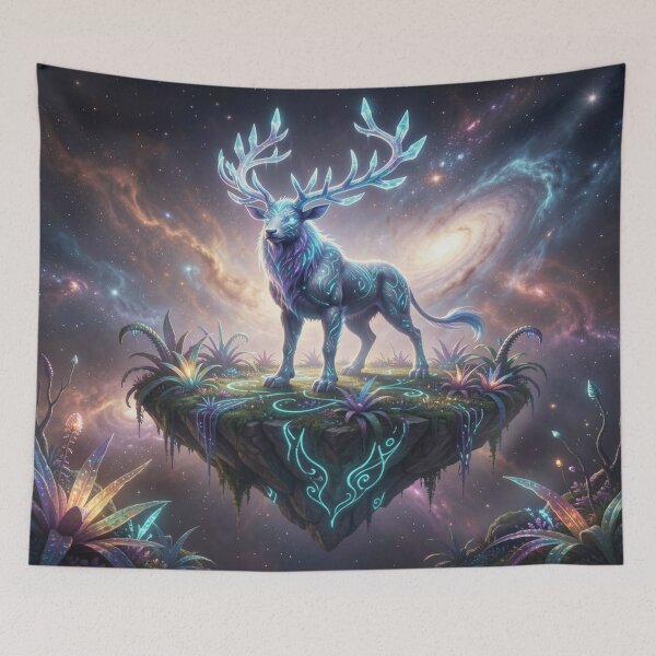 Item preview, Mystical cosmic stag on a floating island with vibrant colors and a galactic atmosphere designed and sold by FotoworldEdel.