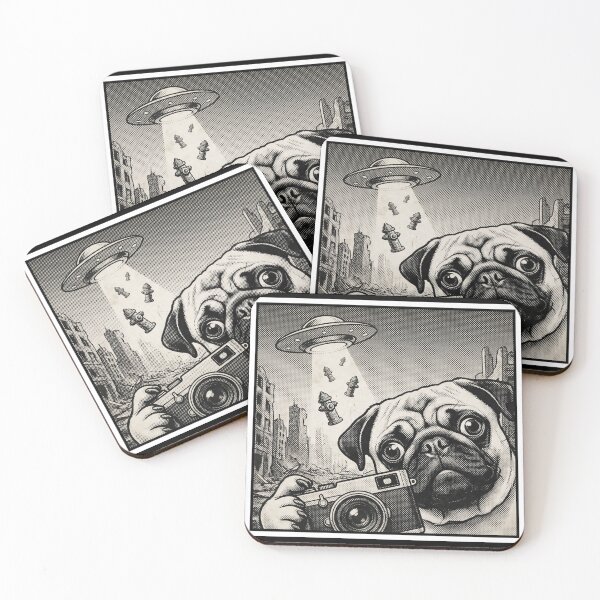 Item preview, Funny Pug Photographer UFO Alien Invasion designed and sold by TeNovaStudio ⭐⭐⭐⭐⭐.