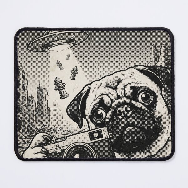 Item preview, Funny Pug Photographer UFO Alien Invasion designed and sold by TeNovaStudio.