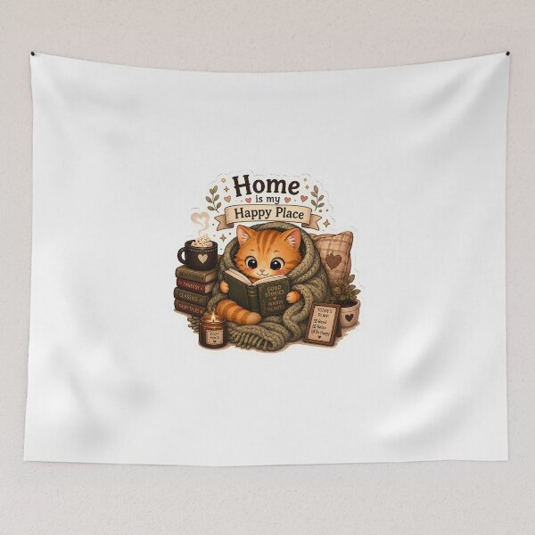 Item preview, Home Is My Happy Place | Cozy Reading Cat Sticker designed and sold by Meritstore.