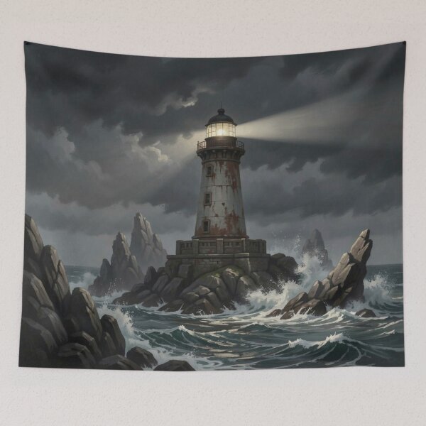 Item preview, Dramatic lighthouse in a storm with powerful waves and an intense beam of light against a dark sky designed and sold by FotoworldEdel.