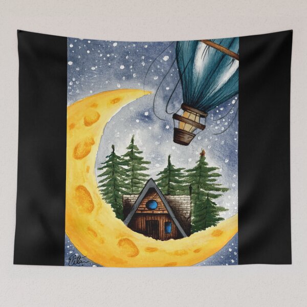 Item preview, Whimsical Moon Cabin Art – Hot Air Balloon & Winter Night Sky designed and sold by pandoralyfe.