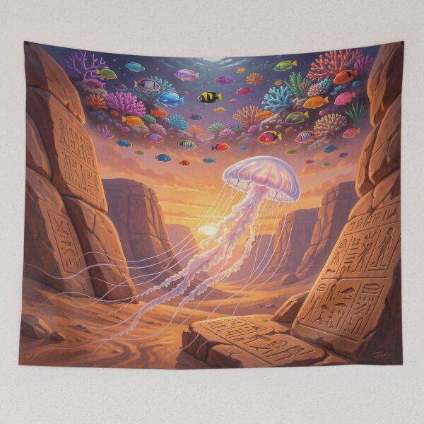 Item preview, Surreal desert landscape with a floating jellyfish and a mystical transition between sand and ocean world. designed and sold by FotoworldEdel.
