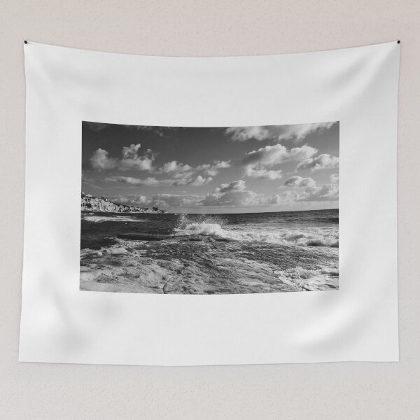 Item preview, Dramatic Black And White Coastal Landscape With Waves Crashing On Rocky Shore Under Cloudy Sky designed and sold by Nmallia.