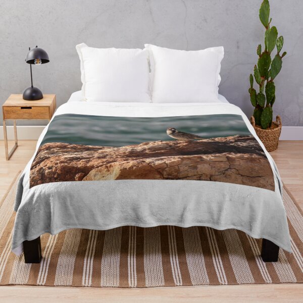 Item preview, Sparrow Perched On Rocky Coastal Cliff Overlooking Sea In Warm Golden Light designed and sold by Nmallia.
