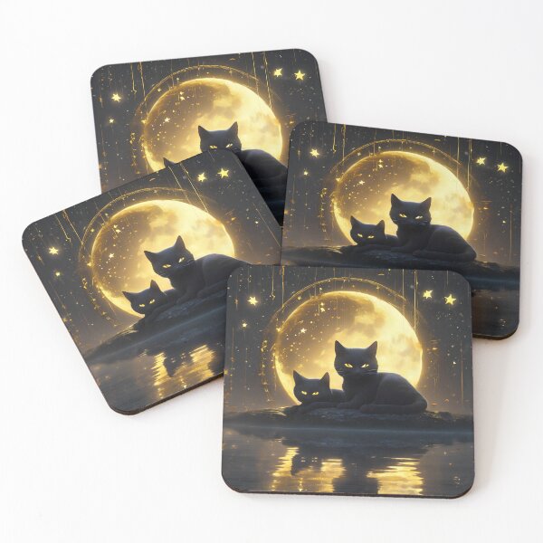 Item preview, Two Black Cats Golden Cosmic Moon Celestial Fantasy Art designed and sold by UmSkelig834.