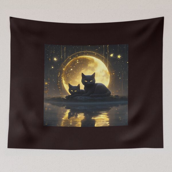 Item preview, Two Black Cats Golden Cosmic Moon Celestial Fantasy Art designed and sold by UmSkelig834.