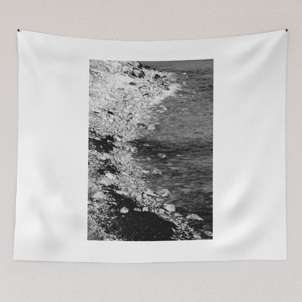 Item preview, Black and White Rocky Shoreline With Pebbles, Seaweed and Gentle Waves Along the Coast designed and sold by Nmallia.