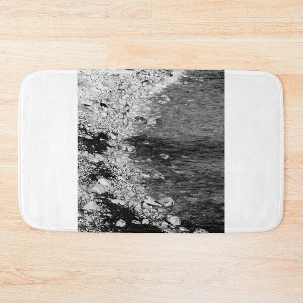 Item preview, Black and White Rocky Shoreline With Pebbles, Seaweed and Gentle Waves Along the Coast designed and sold by Nmallia.
