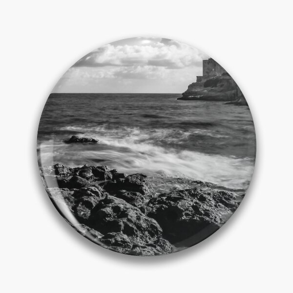 Item preview, Black and White Rocky Seascape With Castle Tower Perched On Cliff And Dramatic Waves designed and sold by Nmallia.