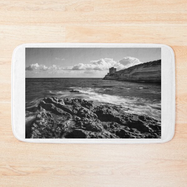 Item preview, Black and White Rocky Seascape With Castle Tower Perched On Cliff And Dramatic Waves designed and sold by Nmallia.