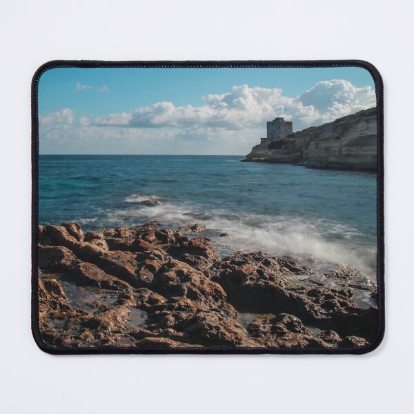 Item preview, Seaside Rocky Coastline With Historic Tower on Cliff Under Blue Sky and Clouds designed and sold by Nmallia.