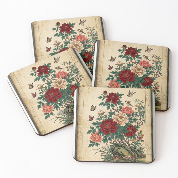 Item preview, Peony Blossoms on Ancient Rocks | Korean Minhwa Inspired Floral Art designed and sold by K-Tradition.