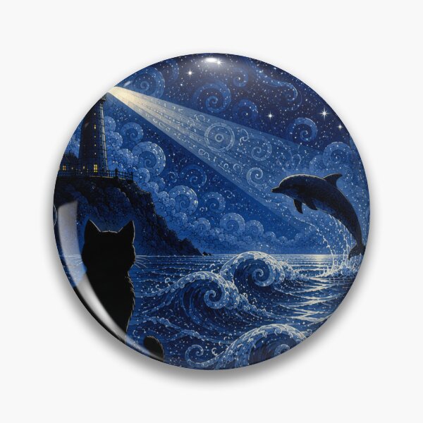 Item preview, Moonlit Lighthouse Dolphin Dreamscape Black Cat Fantasy Art designed and sold by Mindworx21.
