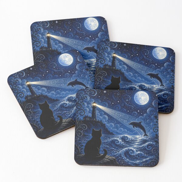 Item preview, Moonlit Lighthouse Dolphin Dreamscape Black Cat Fantasy Art designed and sold by Mindworx21.