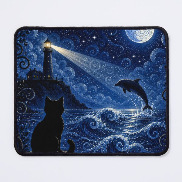 Item preview, Moonlit Lighthouse Dolphin Dreamscape Black Cat Fantasy Art designed and sold by Mindworx21.