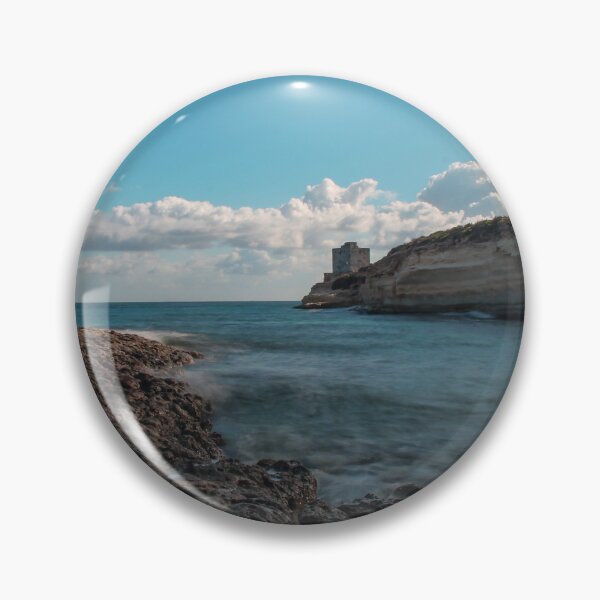Item preview, Seaside Rocky Coastline With Historic Tower on Cliff Under Blue Sky and Clouds designed and sold by Nmallia.