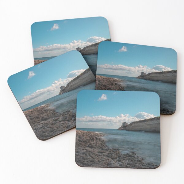 Item preview, Seaside Rocky Coastline With Historic Tower on Cliff Under Blue Sky and Clouds designed and sold by Nmallia.