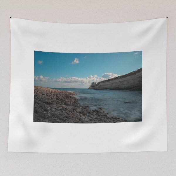 Item preview, Seaside Rocky Coastline With Historic Tower on Cliff Under Blue Sky and Clouds designed and sold by Nmallia.