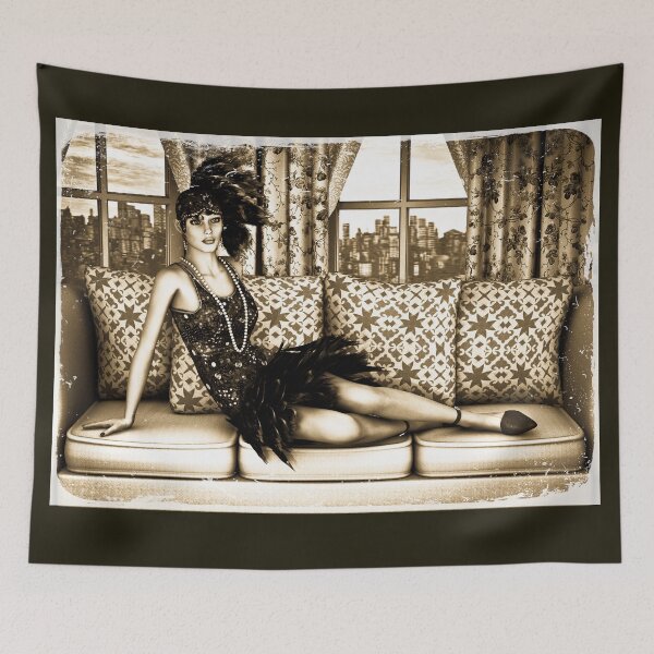 Artikelvorschau, Sepiafarbene Illustration einer Flapper-Frau im Art-Deco-Stil entworfen und verkauft von Vac1.