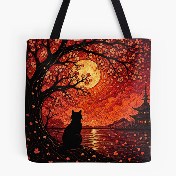 Item preview, Crimson Moon Blossom Dreamscape Black Cat Fantasy Art designed and sold by Mindworx21.