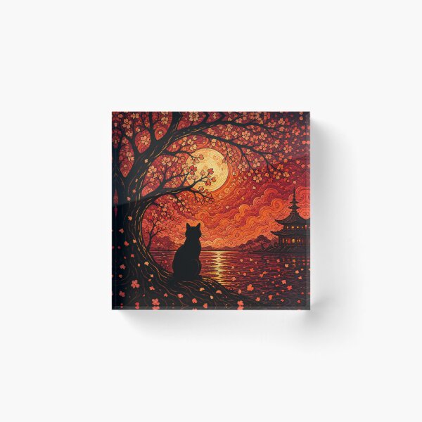 Item preview, Crimson Moon Blossom Dreamscape Black Cat Fantasy Art designed and sold by Mindworx21.