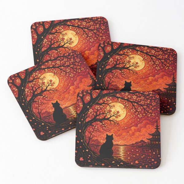 Item preview, Crimson Moon Blossom Dreamscape Black Cat Fantasy Art designed and sold by Mindworx21.